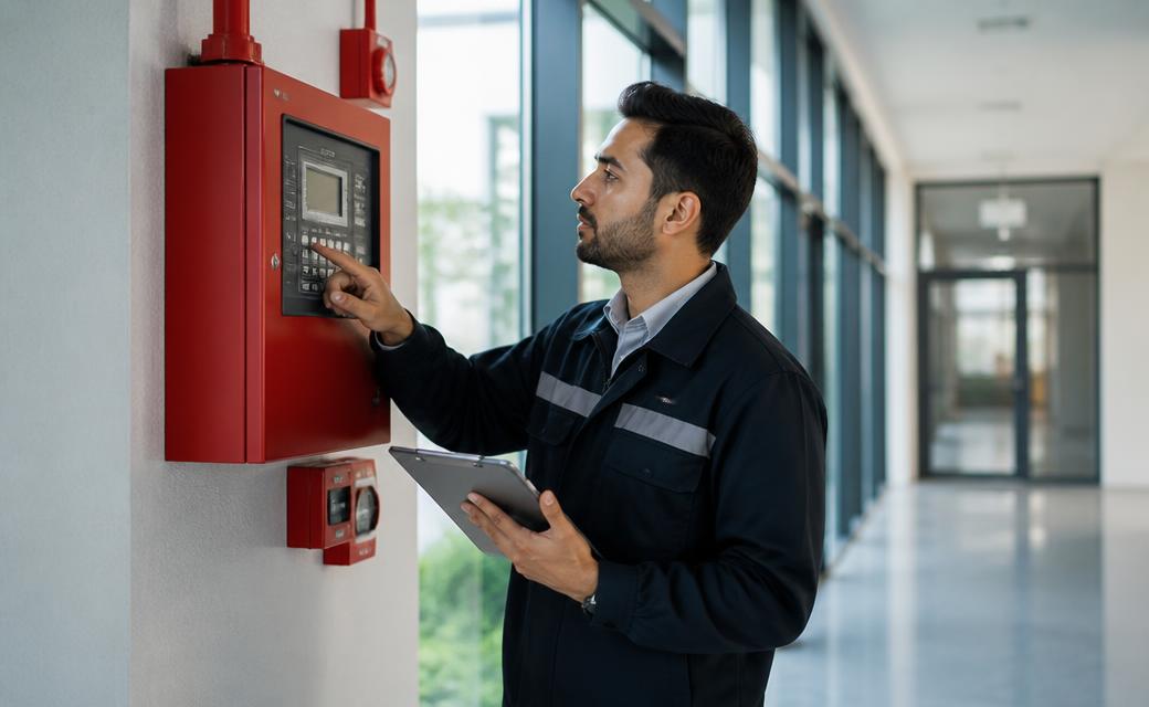 Fire safety professional inspecting an alarm system
